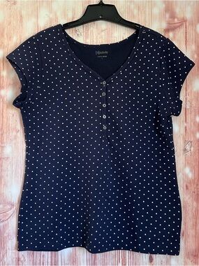 Relativity Navy Blue V Neck Silver Polka Dot Henley T Shirt Size L